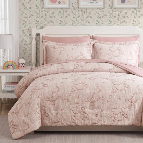 Geniospin Pink Queen Comforter Set for Girls- 7 Pieces Bowknot Jacquard Bed in A Bag Queen Bedding Sets with Sheets, Pillowcases & Shams, All Season Kids Comforter Set Geniospin