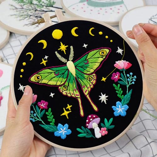 Nuberlic Moth Embroidery Kits for Beginners - Embroidery Starter Cross Stitch Kit DIY Needlepoint Including Cloth with Pattern, Hoop, Needles Instruction and Threads