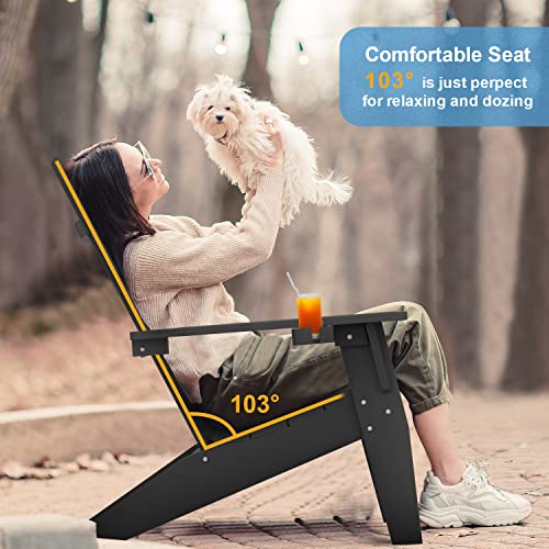 MXIMU Modern Adirondack Chairs Set of 4 Weather Resistant with Cup Holder Oversize Plastic Fire Pit Chairs Plastic Outdoor Chairs for Firepit Area Seating (Black) MXIMU