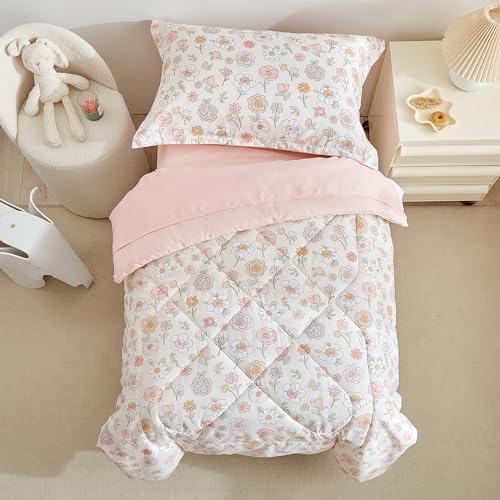 DuShow Floral 4 Piece Girls Toddler Bed Comforter Set Pink Flower Reversible Toddler Bedding Set Soft Baby Crib Bed Sheets Set in a Bag | Include Quilt Comforter,Flat Sheet,Fitted Sheet,Pillowcase DuShow