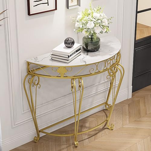 PFJERSIYC Half Moon Console Table with Metal Scroll Legs, Faux Marble Top Entryway Table, Semi Circle Sofa Accent Foyer Table for Living Room, Hallway, Entrance, Small Spaces(Gold,24x12x27.5in) PFJERSIYC