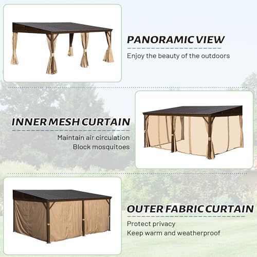 Domi 12x16FT Lean to Gazebo, Aluminum Wall Mounted Gazebo with Sloping Galvanized Steel Roof, Curtains and Netting, Outdoor Hardtop Gazebo Pergola for Patio, Deck, Garden, Backyard domi outdoor living