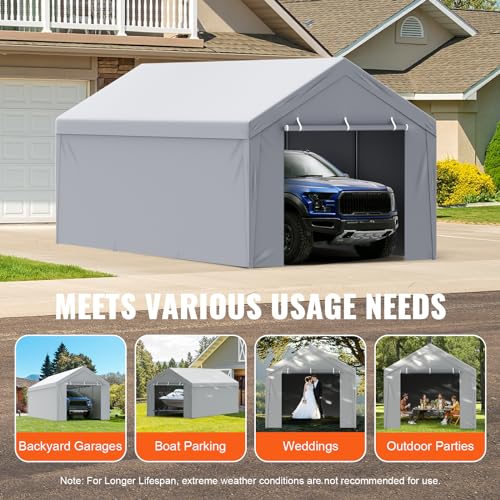 VEVOR Carport Replacement Canopy Cover Top + Side Wall 12 x 20 ft, Garage Tent Shelter Tarp Heavy-Duty Waterproof & UV Protected, Easy Installation with Ball Bungees,Grey (Frame Not Included) VEVOR