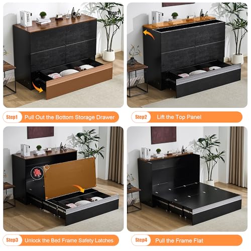 VINGLI Full Size Murphy Bed with Storage Drawer,Smart LED Lighting,Built-in 2 Charging Stations, Space-Saving Cabinet Bed for Kids,Adults & Guests,Classic Black VINGLI