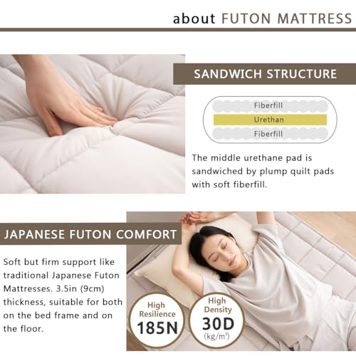 EMOOR Japanese Futon Mattress & Wood Slatted Bed Set Machi-OSMOS Twin (Earth-Natural), Solid Pine 3-Heights Adjustable Easy-Assemble Japanese Sleeping Bed Tatami Mat EMOOR