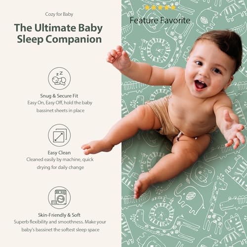 Unnivoll Baby Bassinet Sheets Girl Boy, Fitted Bassinet Sheet Set 3 Pack Bassinet Mattress Sheets Universal Fit for Rectangle, Round, Oval, Hourglass Mattress, Soft Breathable Green & Apricot Lion Unnivoll