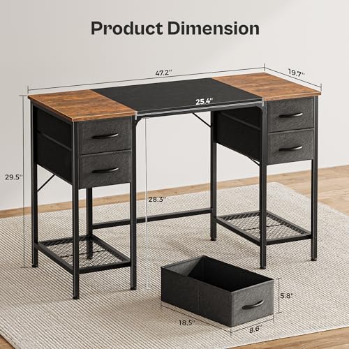 Huuger 47 Inch Computer Desk with 4 Drawers, Office Desk with Mesh Shelf, Gaming Desk, Large Storage, Writing Desk Work Desk for Home Office, Study, Bedroom, Work from Home, Rustic Brown and Black Huuger