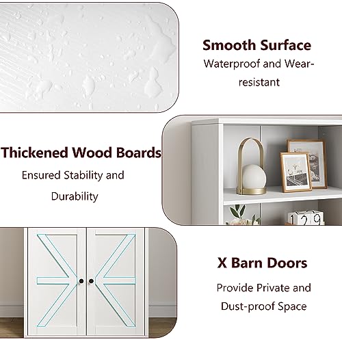 White Industrial Bookcase with Doors - 71.4in Tall Farmhouse Wooden Bookshelves by IDEALHOUSE IDEALHOUSE