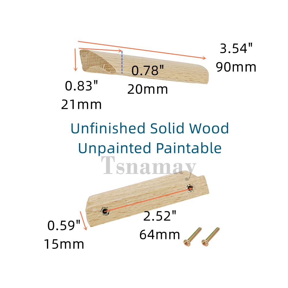 Tsnamay 6Pcs Unfinished Wood Solid Furniture Pulls Handles,Unfinished Unpainted Paintable Wooden Handles Cupboard Closet Drawer Handle Pull,Length Tsnamay