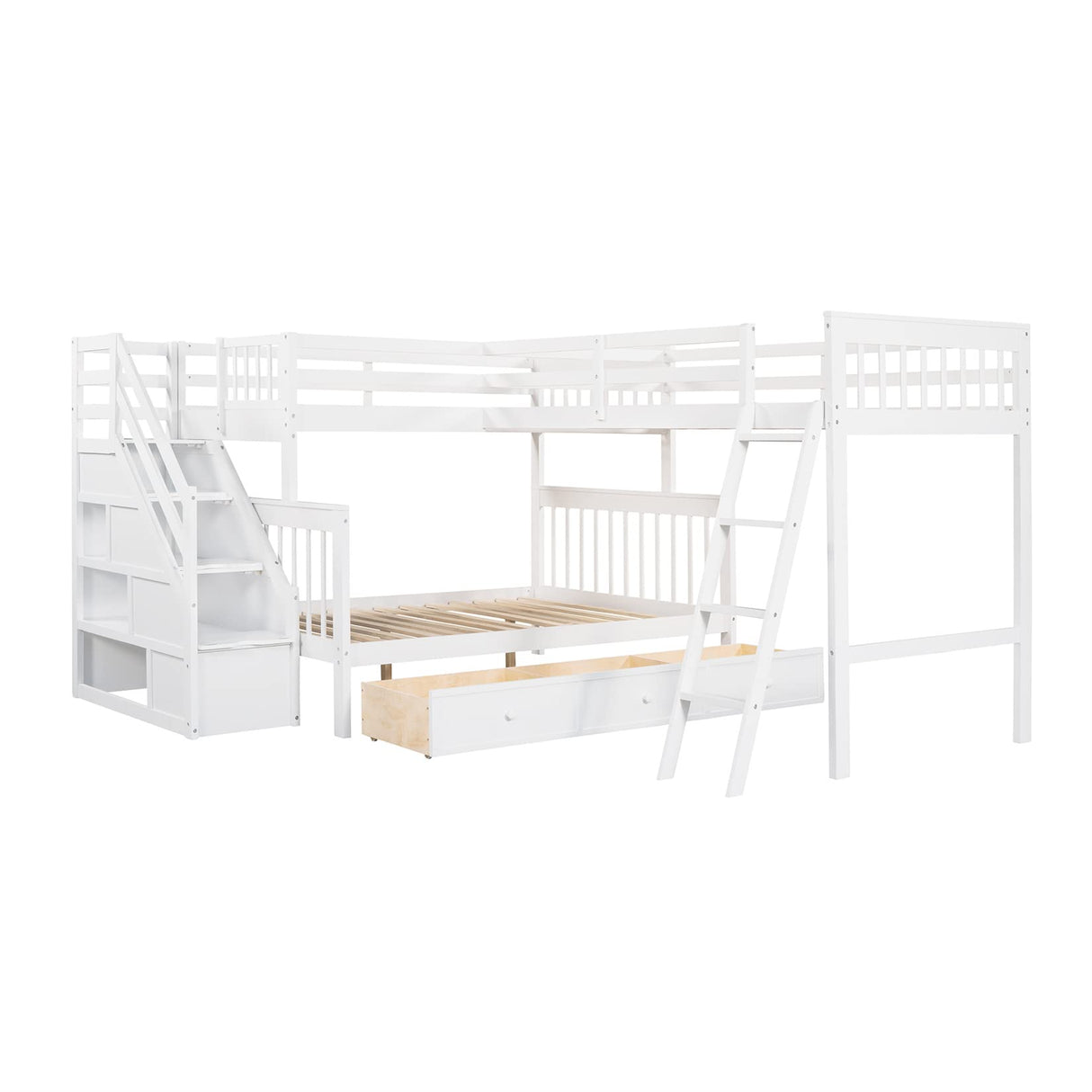 Bellemave L-Shape Triple Bunk Beds with Stairs and Storage Drawers Twin Over Full Bed Attached a Loft Wood Corner Bunked for 3 Kids Boys Girls Teens, White, White Stairs, Bellemave