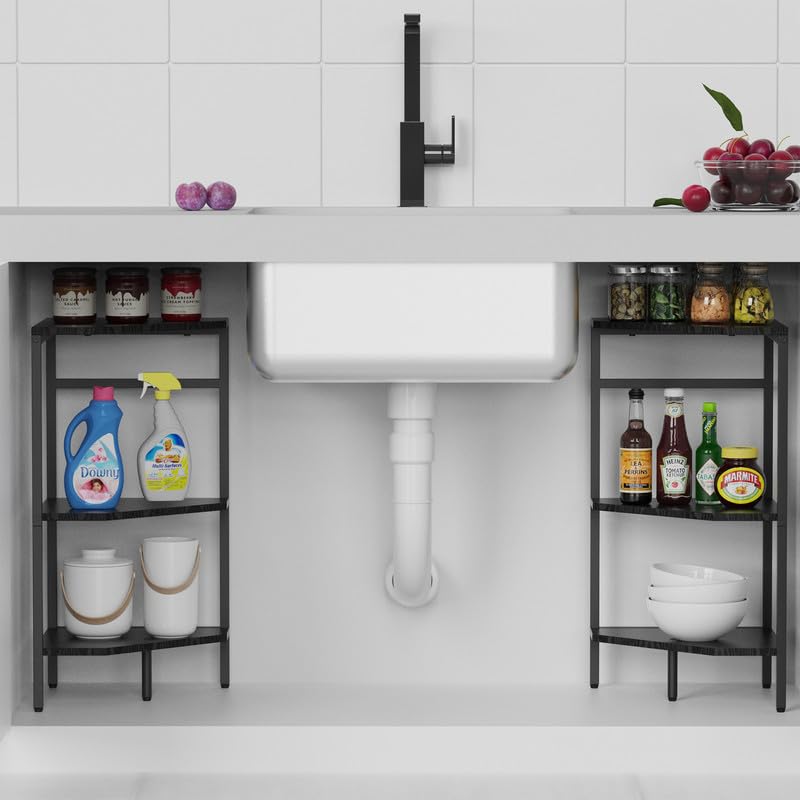 Under Pedestal Sink Shelf, 2 Pack Under Sink Organizers and Storage, 3-Tier Pedestal Under Sink Storage Bathroom Vanity, Corner Shelf Stand for Bathroom, Kitchen, Living Room, Black CADUKE