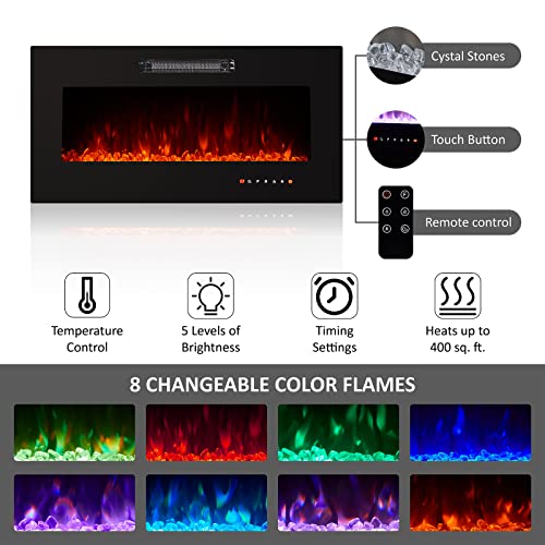 AMERLIFE Modern High Gloss 68" Fireplace TV Stand, Media Entertainment Center with Fireplace & LED Lights for TVs up to 78", TV Console Cabinet with Adjustable Glass Shelves for Living Room, Black AMERLIFE