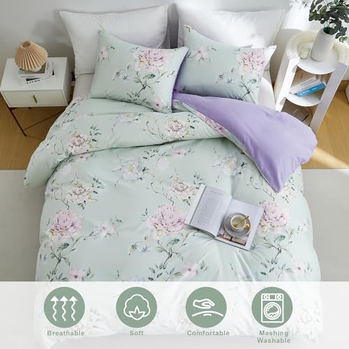 BOLINLIVING Floral Duvet Cover King Size 3 Pieces, Flower Duvet Cover with 2 Pillow Shams, Soft Floral Bedding Set Sage Green and Purple for All Season, Breathable, Zipper Closure… BOLINLIVING