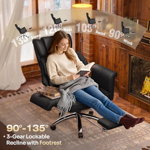 Ergonomic Office Chair with Footrest, Criss Cross Legged Desk Chair with Flip-Up Arms, Wider Thicker Spring Seat, Lumbar Pillow, Pet-Friendly, 500LBS Big and Tall Heavy-Duty Executive Leather Chair SUNNOW