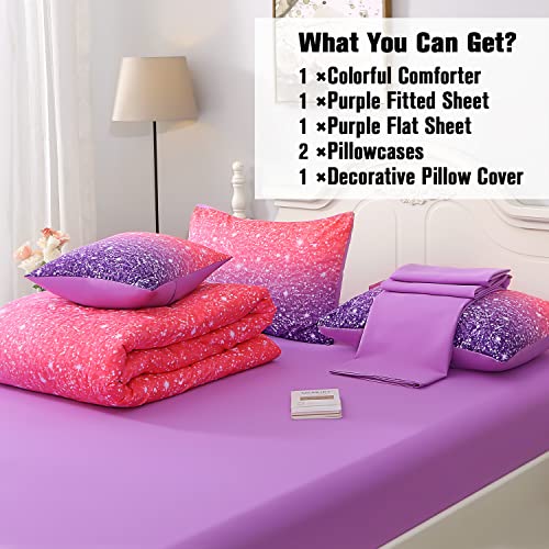 JQinHome Twin Pink Purple Comforter Set, 6 Piece Bed in A Bag 3D Colorful Bedding Set for Girls Kids (1 Comforter,2 Pillowcases,1 Flat Sheet,1 Fitted Sheet,1 Cushion Cover)(Pink Purple) JQinHome