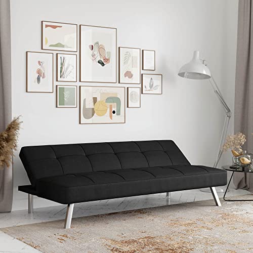 Serta® Rane Futon Sofa Bed 66.1", 3-in-1 Convertible Couch Sleeper for Small Spaces, Tufted Back, Twin Size Guest Bed, Black Woven Fabric Serta