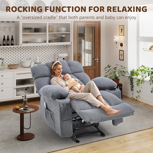 Massage Rocking Recliner Chair, Ergonomic Recliners Sofa with Vibration Massage & Heat, Rocking Chair Nursery Chair for Living Room Lounge with 4 Pockets, 2 Cup Holders, USB Charge Port, Grey