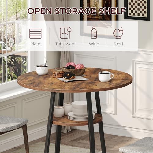 MAHANCRIS 31.5" Round Dining Table for 2-4, Farmhouse Kitchen Table with Storage Shelf, Small Circle Dining Table Space Saving, for Dining Room, Kitchen, Living Room, Rustic Brown and Black DTHR8201 MAHANCRIS