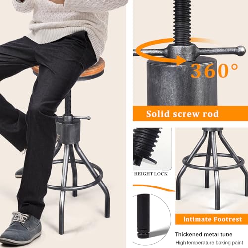 LOKKHAN Set of 2 Industrial Bar Stool-Vintage Adjustable Round Wood Metal Swivel Bar Stool-Cast Iron-23-30 Inch Tall Counter Bar Height Farmhouse Kitchen Stools LOKKHAN