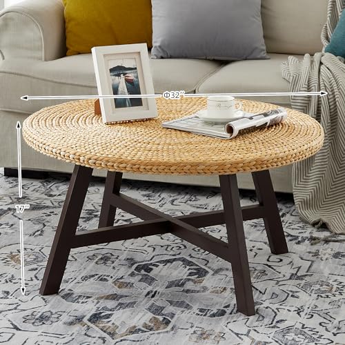 RANDEFURN Coffee Table Round, Seagrass Coffee Tables,Pine Wood X Base Frame Cocktail Table, Easy Assembled, Multiple Sizes for Living Room, Solid Wood Table,32 x 17 Inches,Natural RANDEFURN