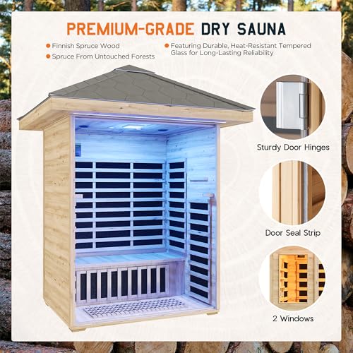 Albott Outdoor Sauna 3 Person, Infrared Saunas for Home, Low EMF 2645W/240V/15A Spruce Wood Dry Sauna with Tourmaline Stone Foot Warmer, 7-Color Light Therapy & 2 Bluetooth Speakers, 60.2"x43.3"x98.4" Albott