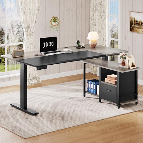 YITAHOME L Shaped Standing Desk with Power Outlets, 70.1" Electric Standing Desk Adjustable Height Sit Stand Corner Standing Desks Executive Desk with Drawers & Shelves, Grey + Black YITAHOME