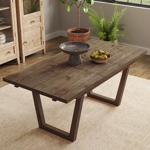Kmax 70" Farmhouse Extendable Dining Table Set for 4-8 People, Rustic Rectangular Kitchen Table, Recycled Pine Wood Dinner Table for Dining Room Home Office, Walnut Kmax
