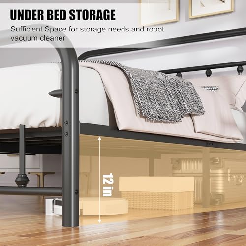 Shintenchi Full Size Metal Platform Bed Frame with Headboard & Footboard, Steel Slat Mattress Foundation, Under Bed Storage, Noise-Free, No Box Spring Needed, Black Round Shintenchi