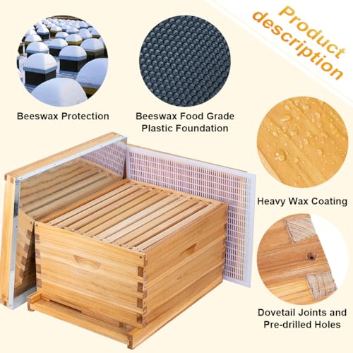 ThxBees 8 Frame Bee Hive Starter Kit, Beehives and Supplies, Beehive Dipped in 100% Beeswax with Frames, Bee Starter Kit Includes Hive Pro Feeder, 2Pcs Bee Keeper Hats, 17Pcs Beekeeping Tool Kit ThxBees