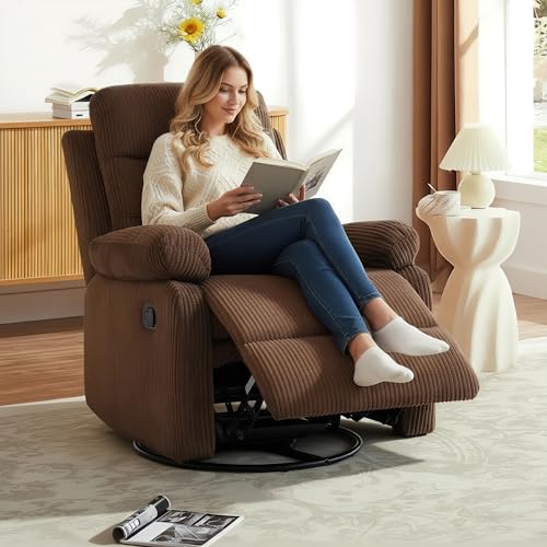 GAOHAPY Rocking Recliner Chair,Modern Swivel Glider Recliner Chair,Corduroy Fabric Upholstery Recliner,Manual Reclining Sofa Chair for Living Room,Office,Apartment (Brown)