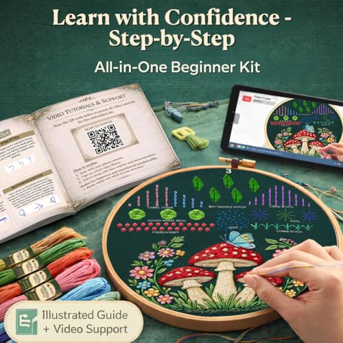Moni Crafts - Embroidery Kit for Beginners Adults β Learn Embroidery Stitches, Complete Starter Kit with 4 Pre-Printed Patterns (Mushroom & Floral), Threads, Needles & Hoop β Video Tutorials