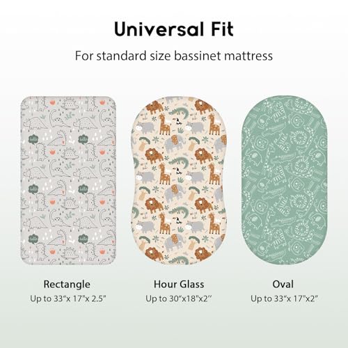 Unnivoll Baby Bassinet Sheets Girl Boy, Fitted Bassinet Sheet Set 3 Pack Bassinet Mattress Sheets Universal Fit for Rectangle, Round, Oval, Hourglass Mattress, Soft Breathable Green & Apricot Lion Unnivoll