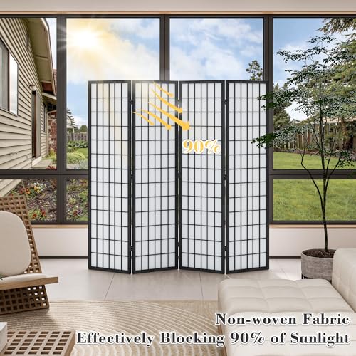 WelFurGeer 4 Panel Shoji Screen Room Divider, Folding Privacy Screens, Room Partitions and Dividers, Decorative Room Dividers, Wall Dividers for Room Separation, Japanese Room Divider for Home (Black) WelFurGeer