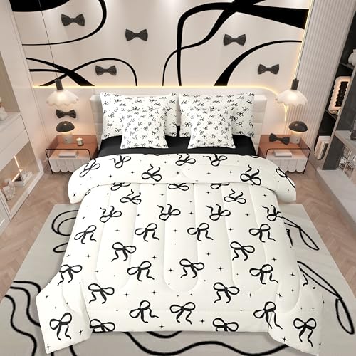 Erosebridal Black and Beige Bow Comforter Set with Sheets Teen Girls Coquette Bow King Size Bedding Modern Fashion Bed in A Bag 7-Piece for Women Minimalists Aesthetic Bowknot Bed Collections Erosebridal