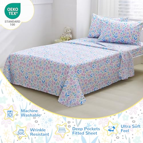 Viviland 3 Pieces Girls Purple Floral Twin Sheet Set - Soft Microfiber Fitted Flat Sheets & Pillowcase - Purple Colorful Flower Print Bedding Sets - for Kids & Toddlers Viviland