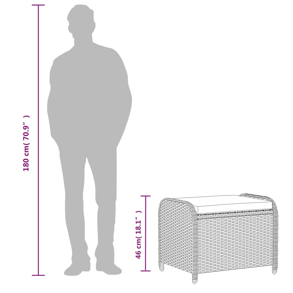 vidaXL Patio Stool with Cushion - Brown Poly Rattan Outdoor Ottoman Seating - Steel Frame - 22.8" x 18.1" x 18.1" vidaXL