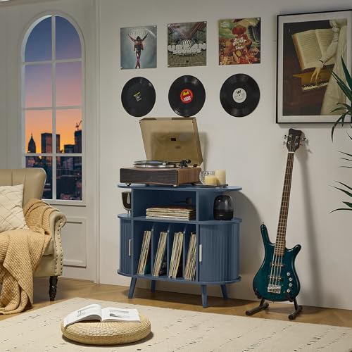 LELELINKY Large Round Record Player Stand with Charging Station & Fluted Panel,Navy Blue Mid Century Modern Turntable Cabinet with Vinyl Storage, Arched Wood Record Player Table for Living Room LELELINKY