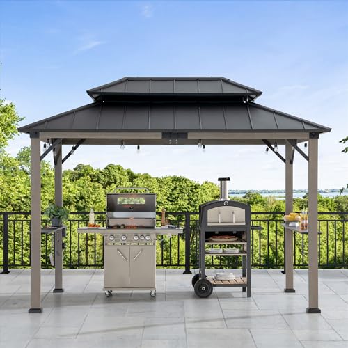 Sunjoy Wooden Grill Gazebo, 8 x 12 ft. Steel Hardtop Outdoor Gazebo for Year-Round Grilling, 2 Full Size Grills, Griddles or Smokers - Cook Station, Barbeque, Built-in Electrical Outlets, Black Sunjoy