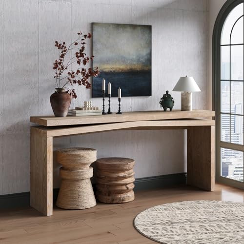 HZSSDTKJ 65-Inch Rustic Solid Wood Veneer Long Console Table, Farmhouse Entryway Sofa Side Table for Living Room, Hallway, Behind Couch and Apartment, Easy Assembly (Antique Natural-04) HZSSDTKJ