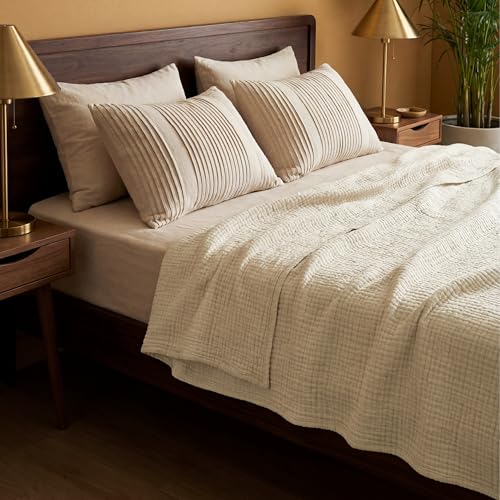Bedsure 100% Cotton Muslin Blanket King Size for Bed - 4-Layer Breathable and Lightweight Thin Soft Summer Gauze Muslin Blanket for Adults, Linen Beige, 108x90 Inches Bedsure