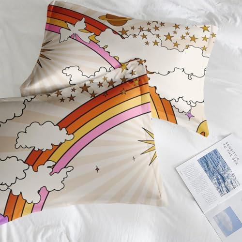 Zzzboro Comforter Set with 2 Pillowcases Queen Size, Hippy Mushroom Flower Sun Rainbow, Bed Decor Retro 70s Hippie Boho Aesthetic for Kids and Adults, Soft Cozy Bedroom Bedding Set Zzzboro