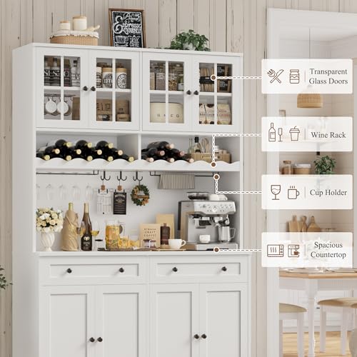 HOSTACK 75.4" Tall Kitchen Pantry Cabinet with Charging Station, Modern White Kitchen Hutch with Microwave Stand and Wine Racks, Large Food Pantry Storage Cabinet with Glass Doors and Drawers, White HOSTACK