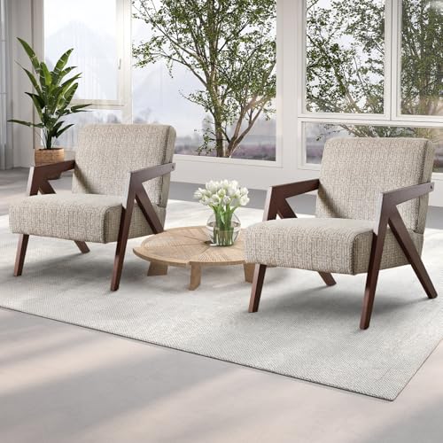 INZOY Accent Chairs Set of 2, Mid Century Modern Accent Chair with Wood Frame, Upholstered Reading Armchair with Soft Linen Fabric, Accent Chair for Living Room Bedroom Apartment, Easy Assembly, Brown INZOY