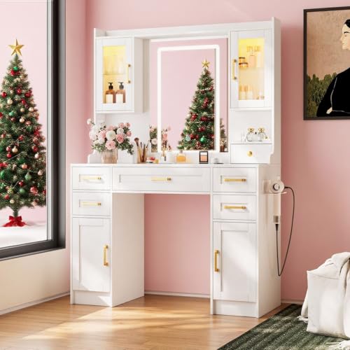 NUNU LAB Makeup Vanity Desk with Mirror and Lights, White Dressing Table with Charging Station, Makeup Vanity with RGB Cabinets and 7 Drawers RGB Cabinets, 3 LED Light Modes (043 White) NUNU LAB