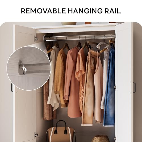 LIKIMIO Armoire Wardrobe Closet with 2 Doors and 2 Drawers 70" H x 36" W Wooden Bedroom Freestanding Wardrobe Combination for Hanging Clothes, White LIKIMIO