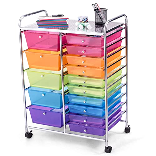 GOFLAME 15-Drawer Rolling Storage Cart, Multipurpose Movable Organizer Cart, Utility Cart for Home, Office, School, Rainbow GOFLAME