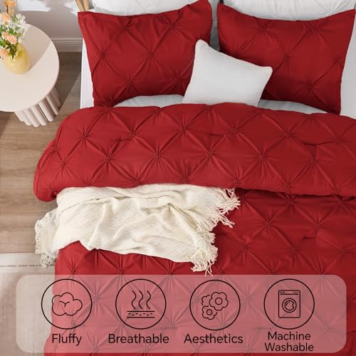 BEDELITE Red Queen Comforter Set - 3 Pieces Boho Pintuck Bedding Comforter Sets, Lightweight Soft & Warm Bed Comforter Queen with 2 Pillowcases for All Season BEDELITE
