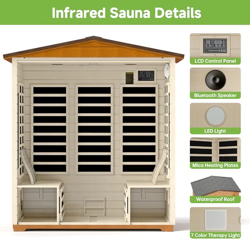 Springspa Outdoor Sauna 4 Person, Infrared Sauna for Home, Wooden Outdoor Saunas Room, 3400 Low EMF Far Infrared with Bluetooth, LCD Panel, 7 Color Chromotherapy Lamp, Reading Lamp springspa