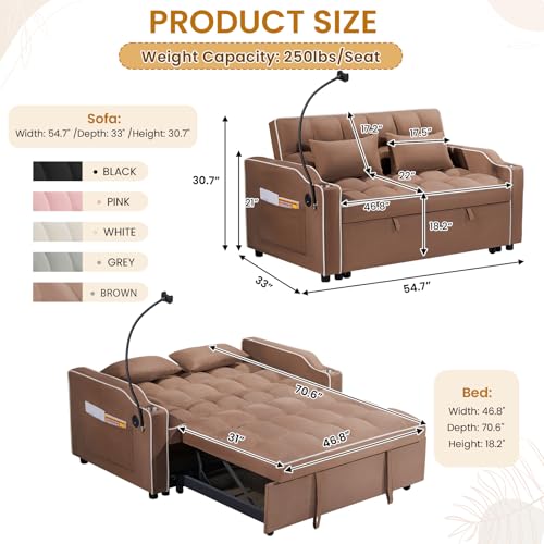 Sleeper Sofa Couch Bed with Phone Holder, Modern 3-in-1 Convertible Velvet Pull Out Loveseat Futon Sofa with USB & Type C Port & Cup Holder for Living Room Bedroom Office KINFFICT