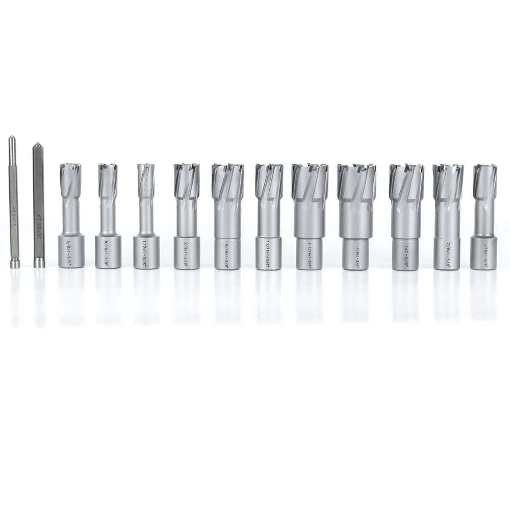 OSCARBIDE Carbide TCT Annular Cutter Set 13 pcs,3/4"Weldon Shank,1-3/8"Cutting Depth and 1/2 to 1-1/8 inch Cutting Diameter,TCT Mag Drill Bits for Magnetic Drill Press with Pilot Pins OSCARBIDE